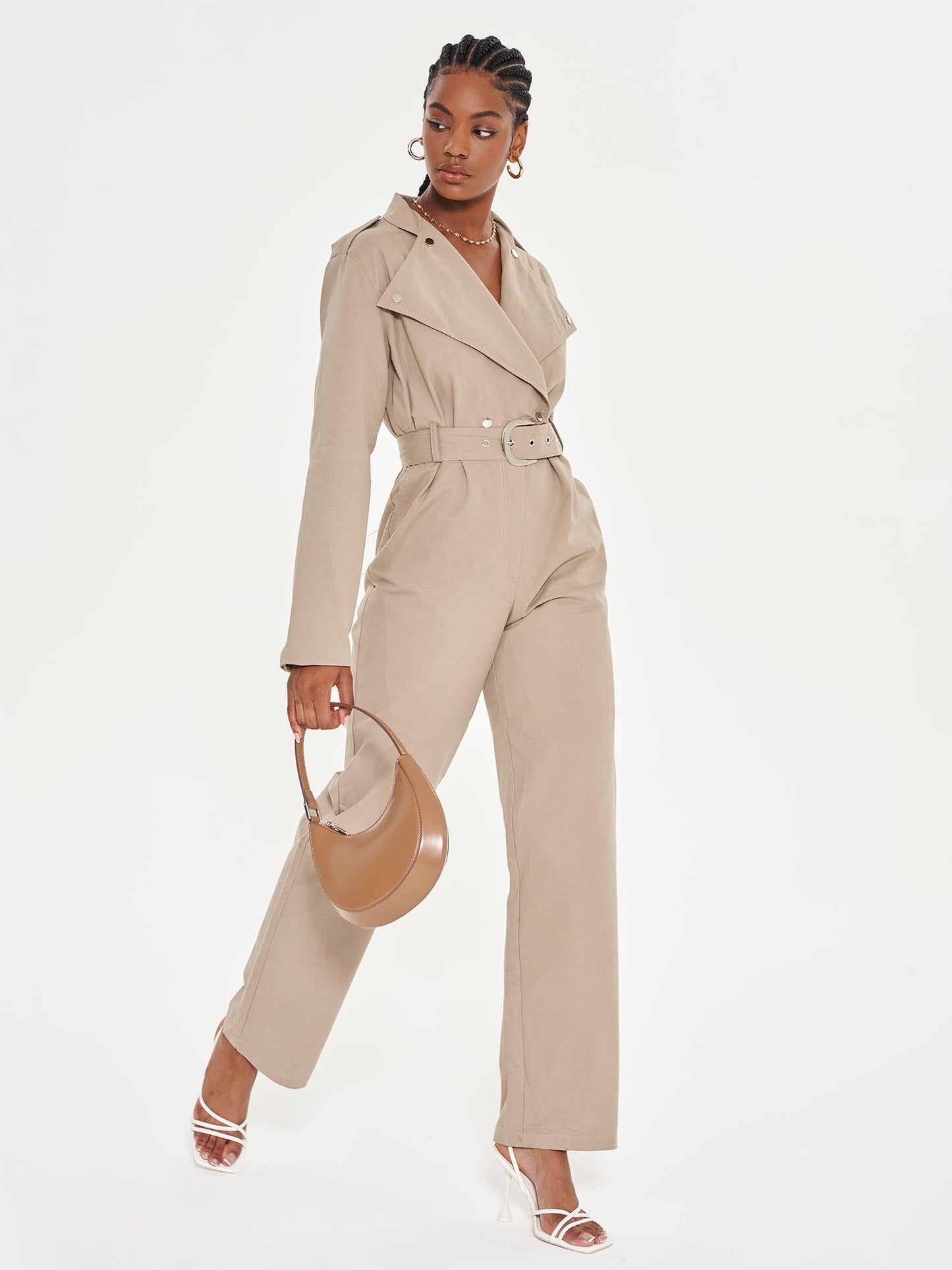 Belted Tailored Jumpsuit with Lapel Detail - Khaki