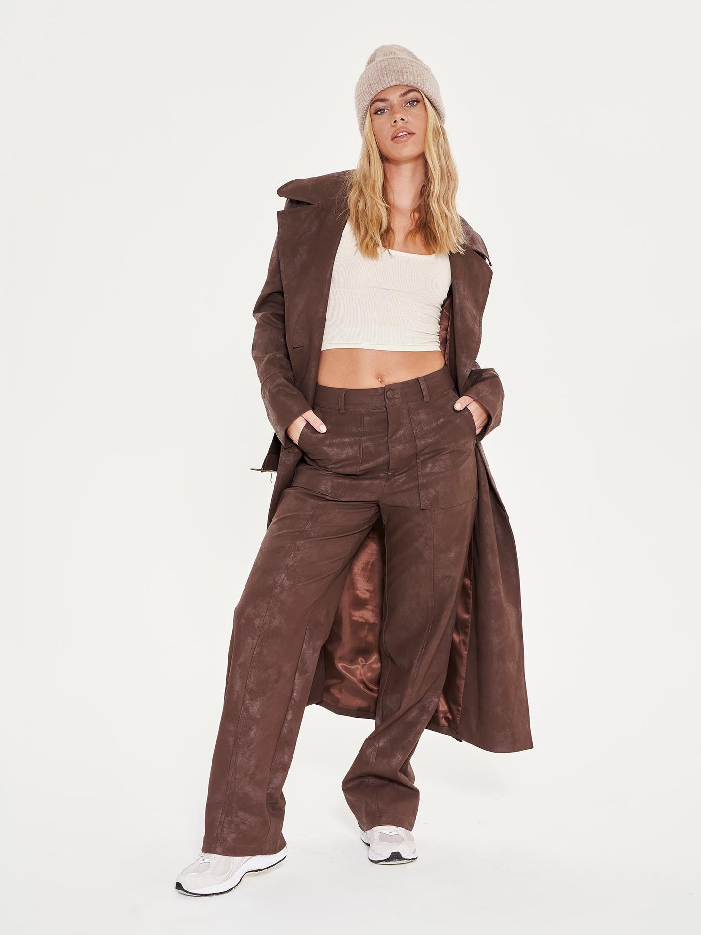 Faux Leather Brown Wide Leg Trousers - Brown