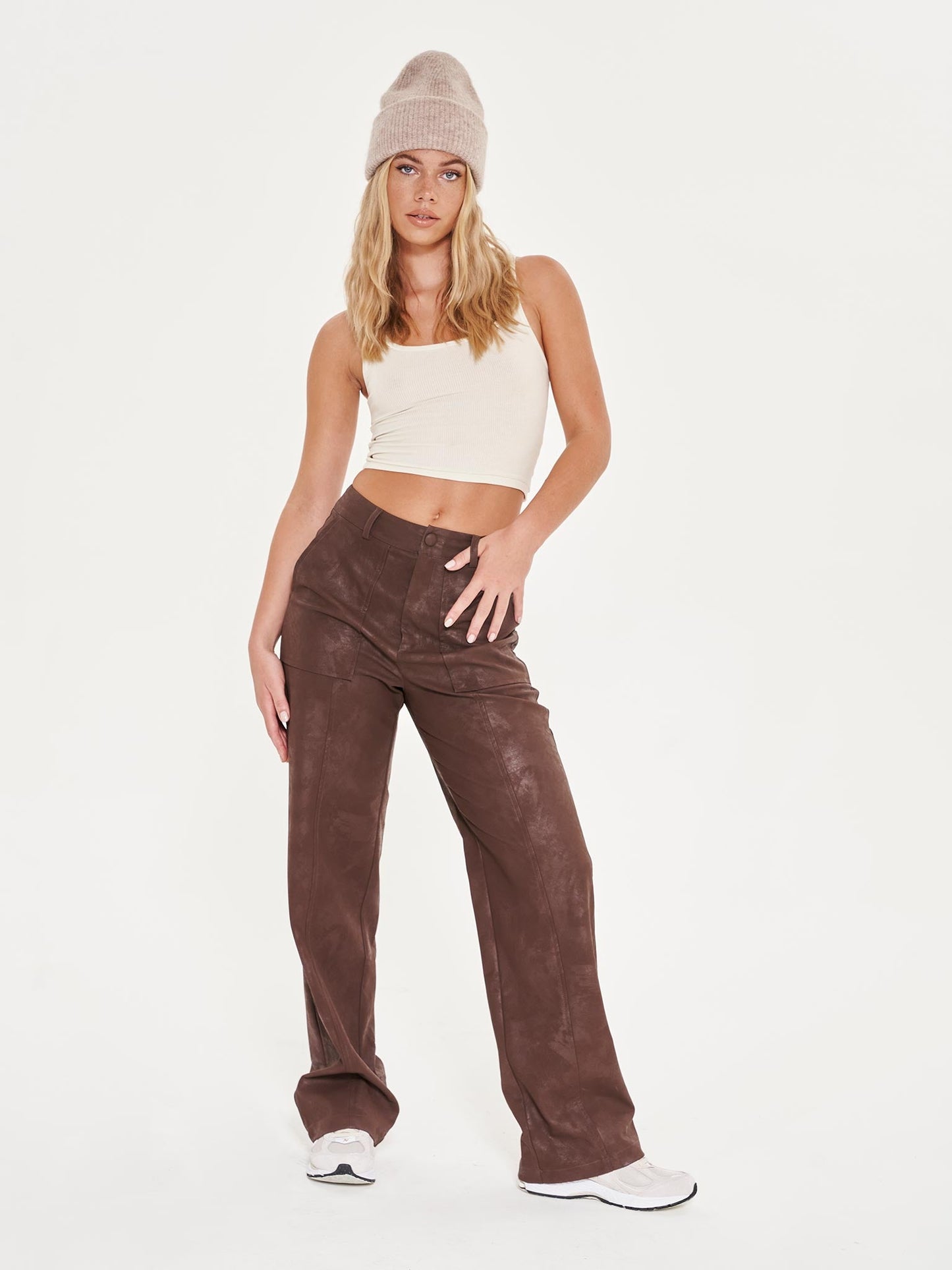 Faux Leather Brown Wide Leg Trousers - Brown