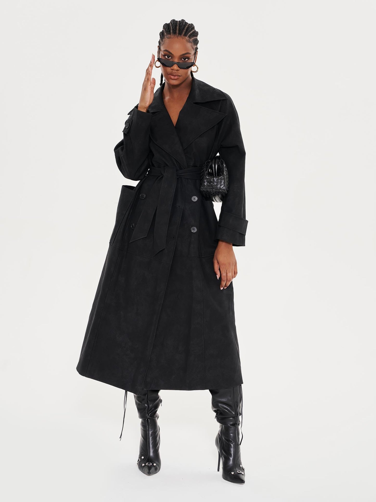 Faux Leather Lapel Detail Trench Coat - Black