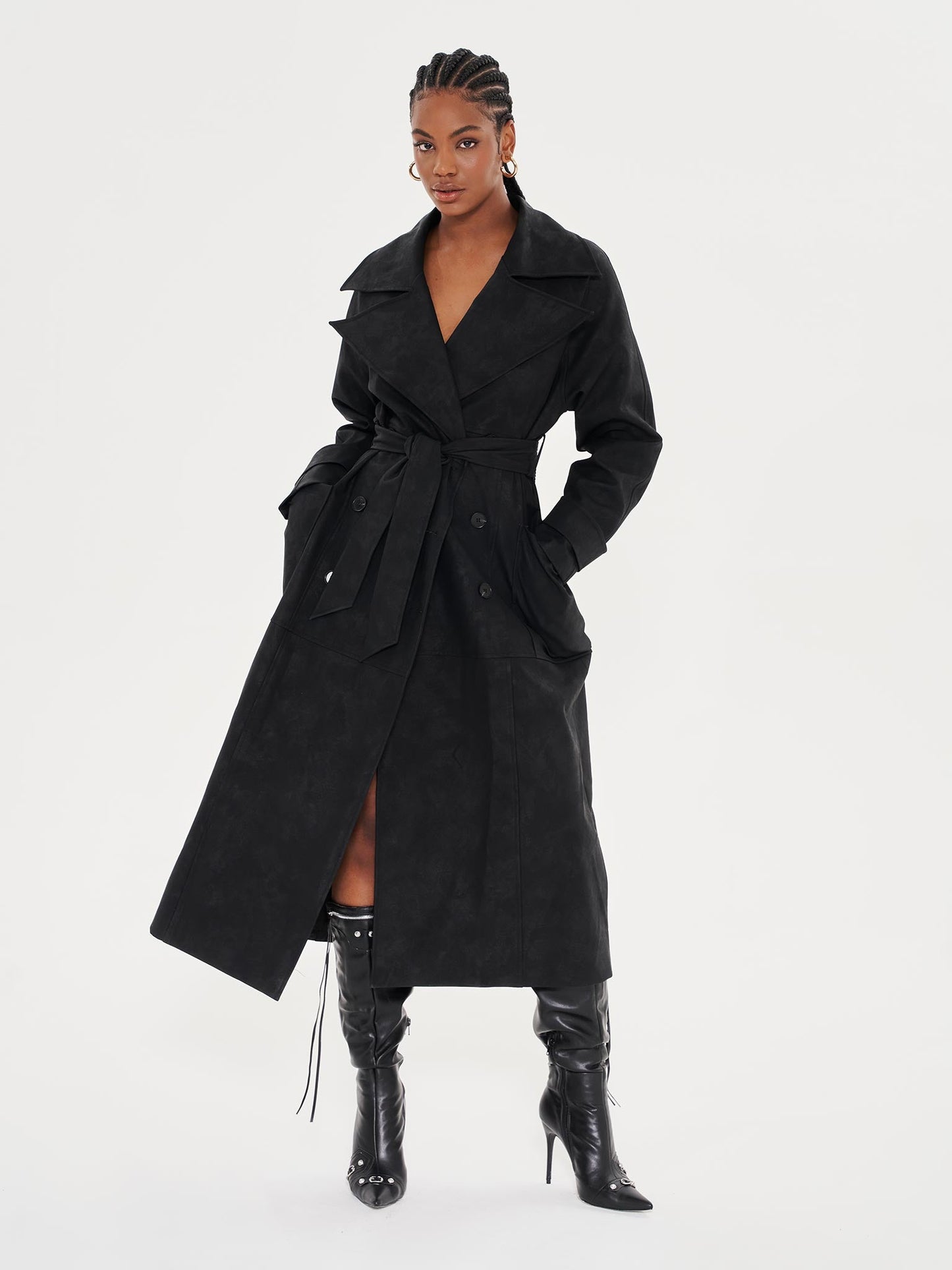 Faux Leather Lapel Detail Trench Coat - Black