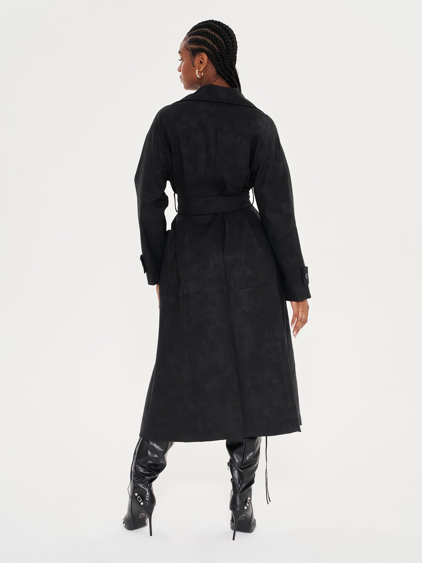 Faux Leather Lapel Detail Trench Coat - Black