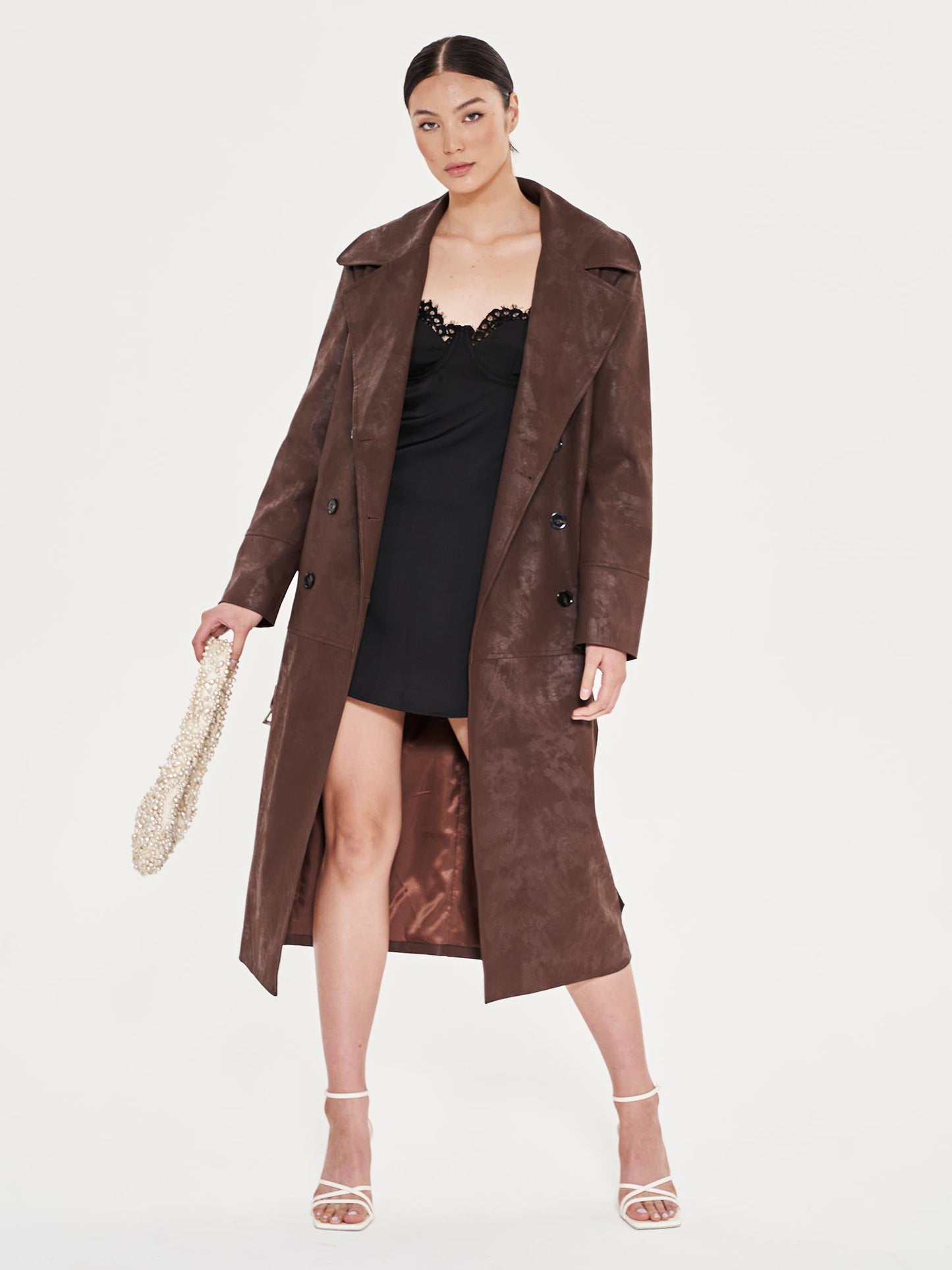 Faux Leather Trench Coat - Brown