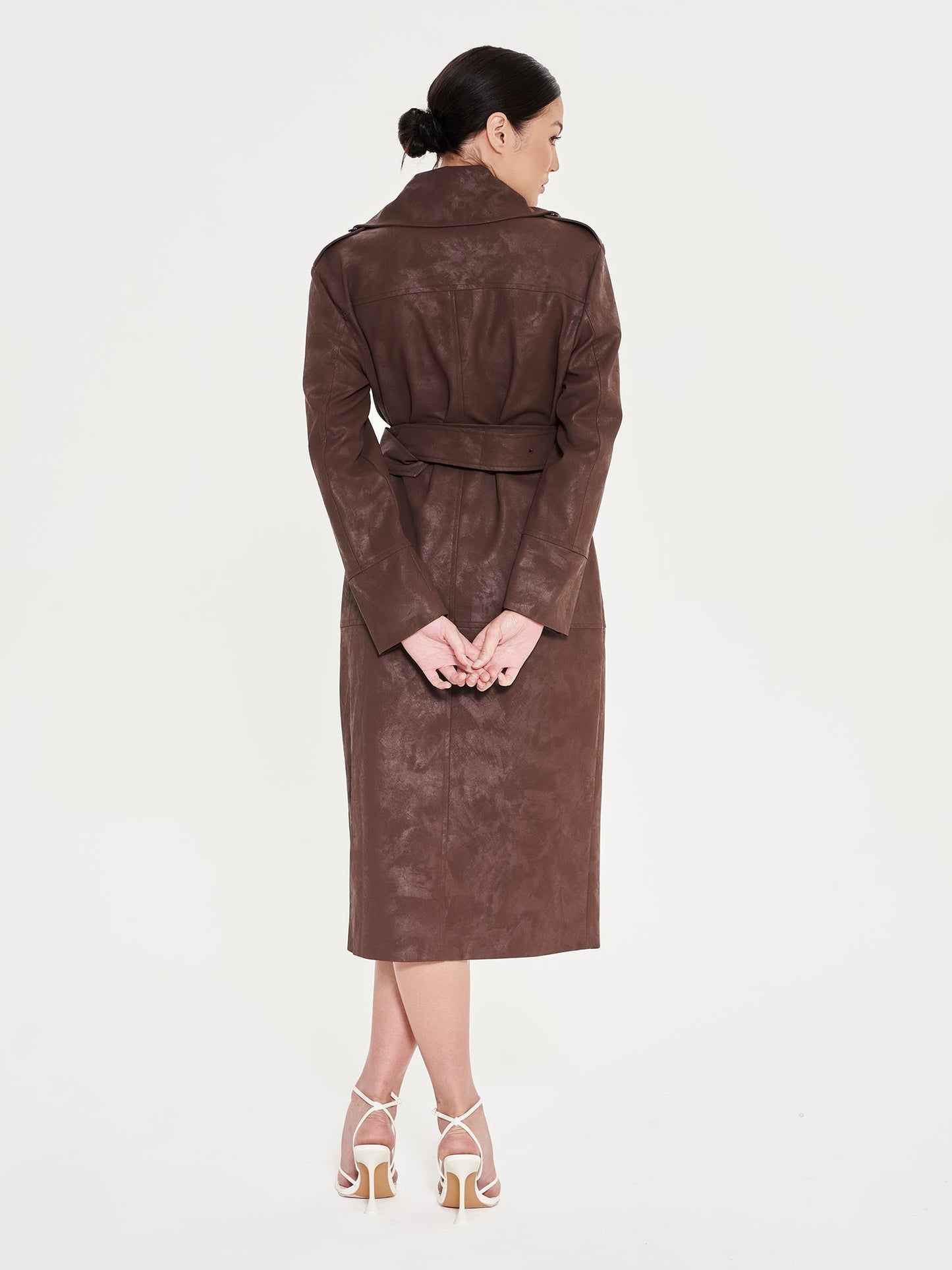 Faux Leather Trench Coat - Brown