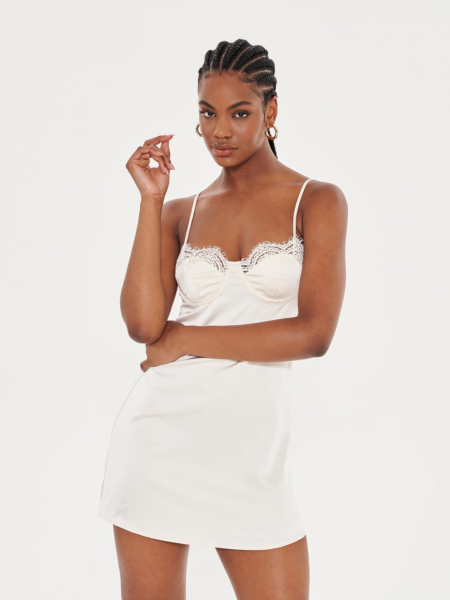 Cream Lace Trim Satin Cami Dress - Cream