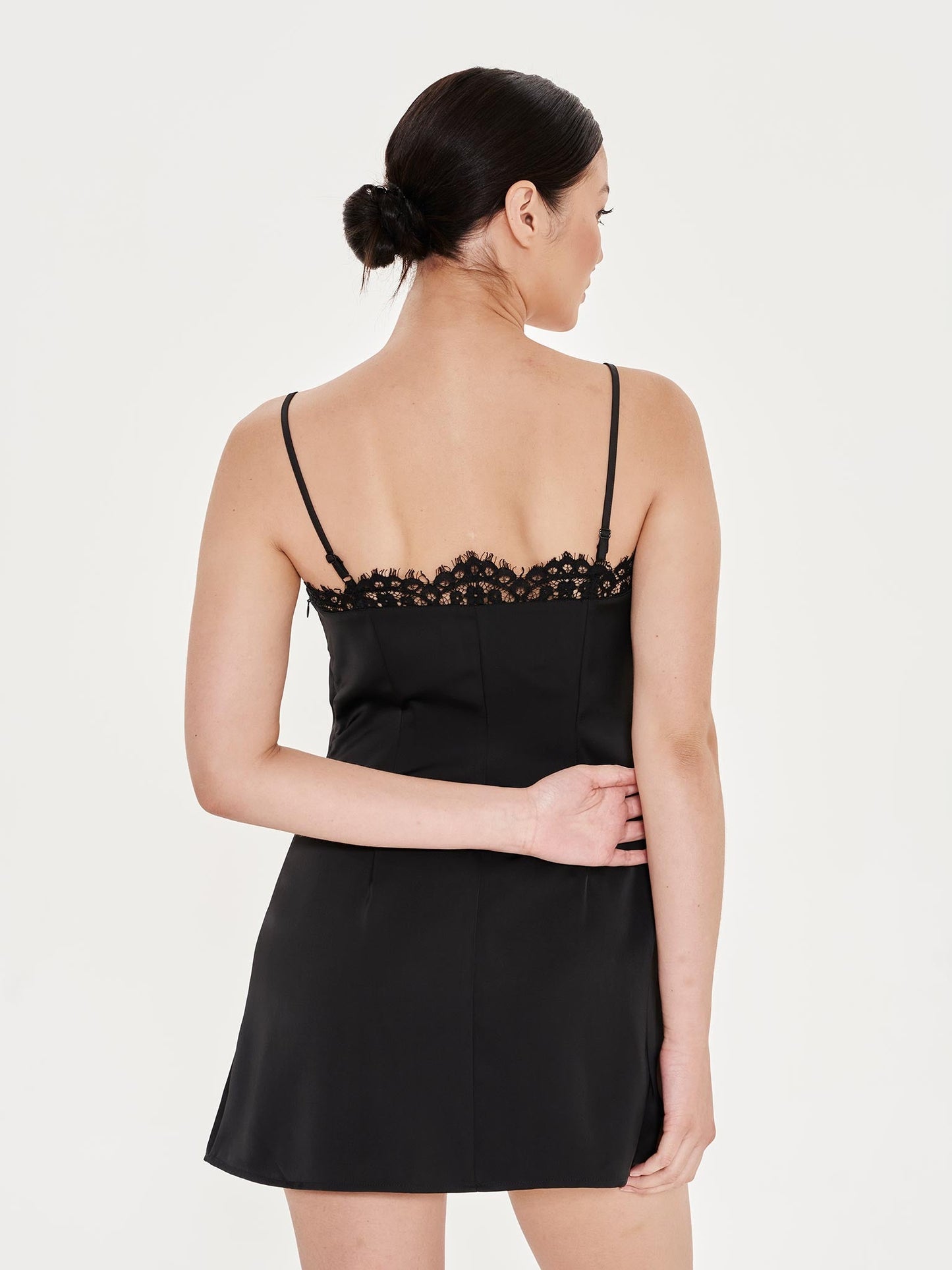 Black Lace Trim Satin Cami Dress - Black