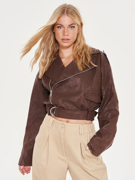 Oversized Cropped Faux Leather Biker Jacket - Brown