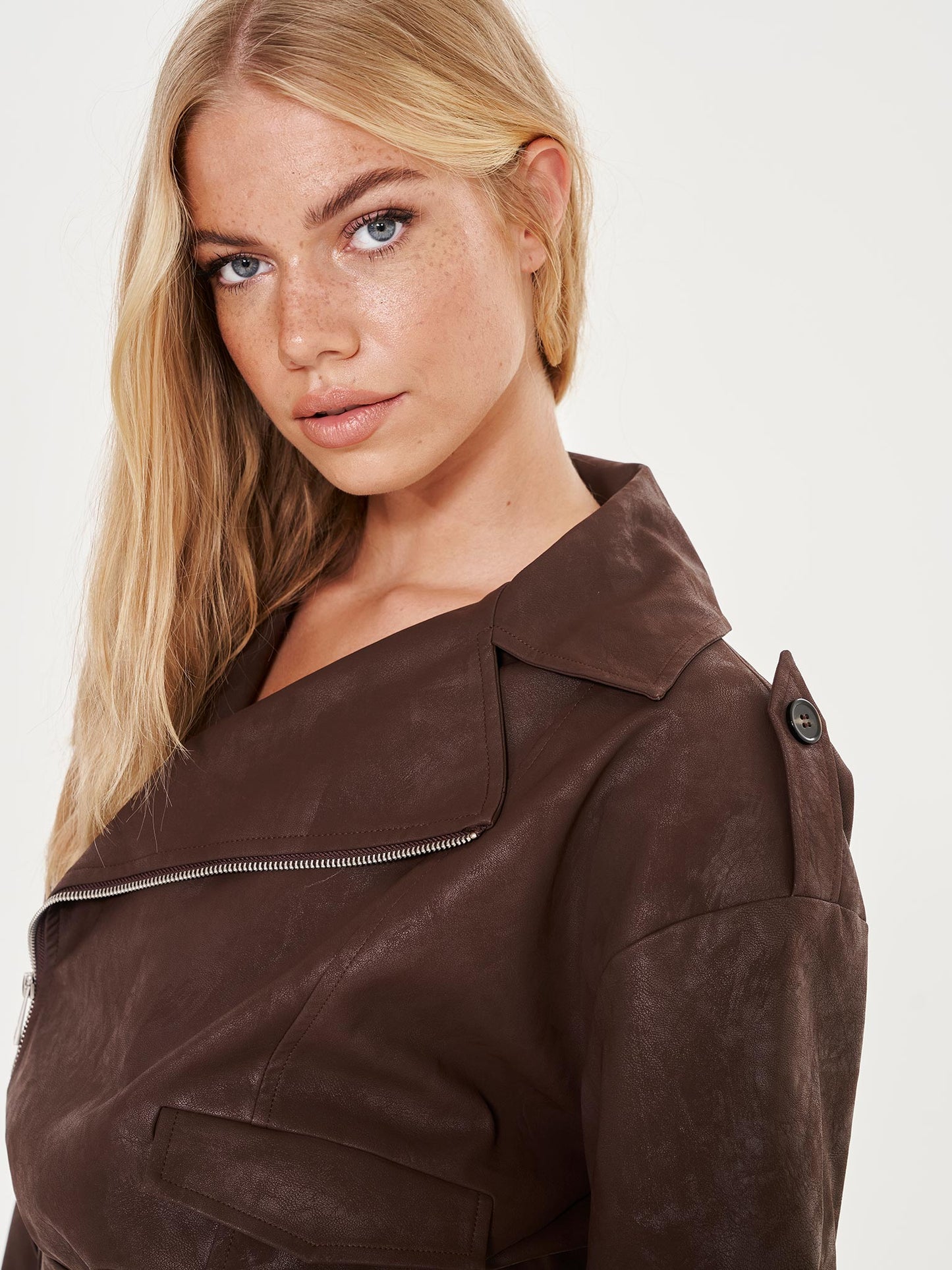 Oversized Cropped Faux Leather Biker Jacket - Brown