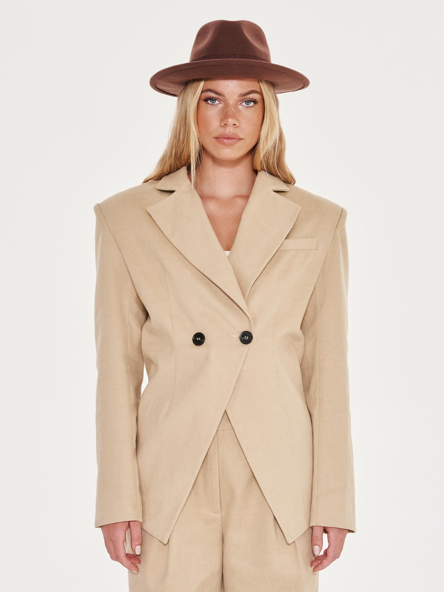 Oversized Strong Shoulder Padded Double Breasted Blazer Co-ord - Beige