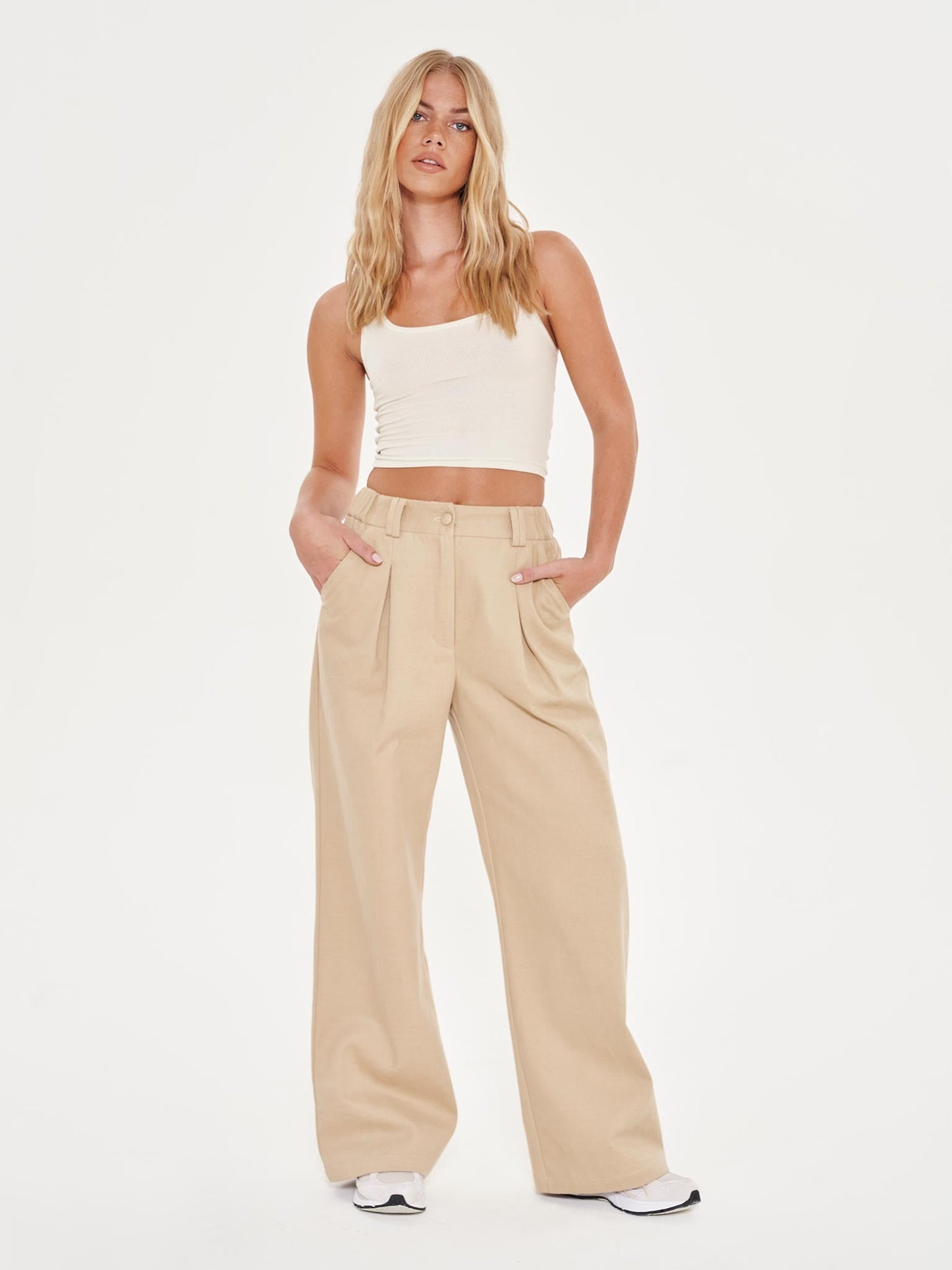 Pleated Wide Leg Trouser Co-ord - Beige